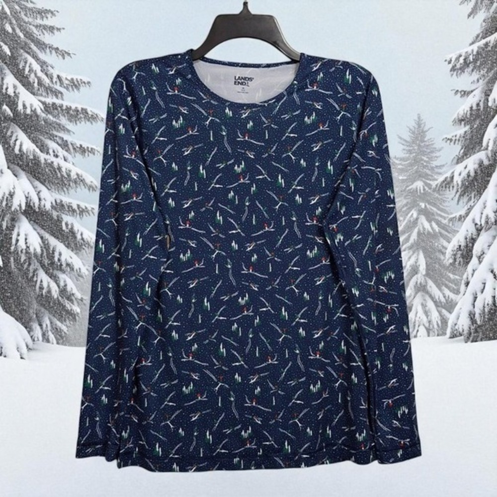 Lands End Womens Pullover Top M 10 12 Blue Multi Crew Neck Long Sleeve Ski Print - Picture 3 of 13